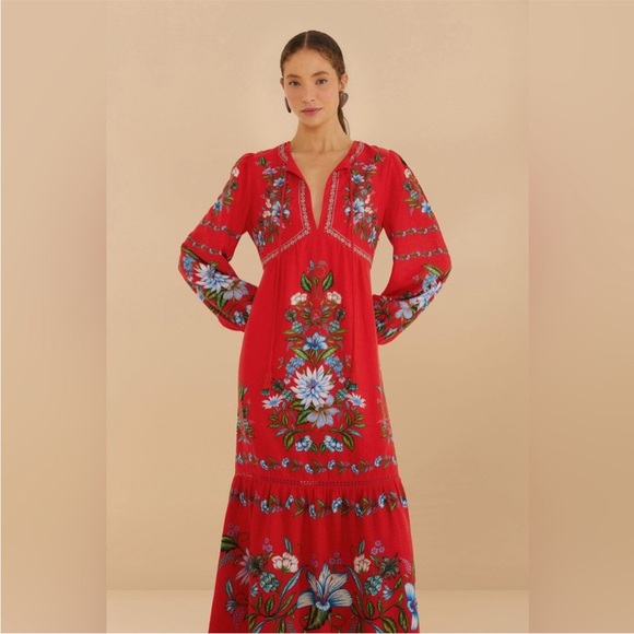 FARM Rio Red Sweet Bloom Bouquet Lenzing Ecovero Euroflax Midi Dress - Picture 2 of 12